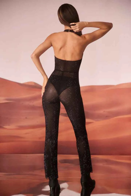 OhPolly - Petite Embellished Plunge Neck Jumpsuit in Black