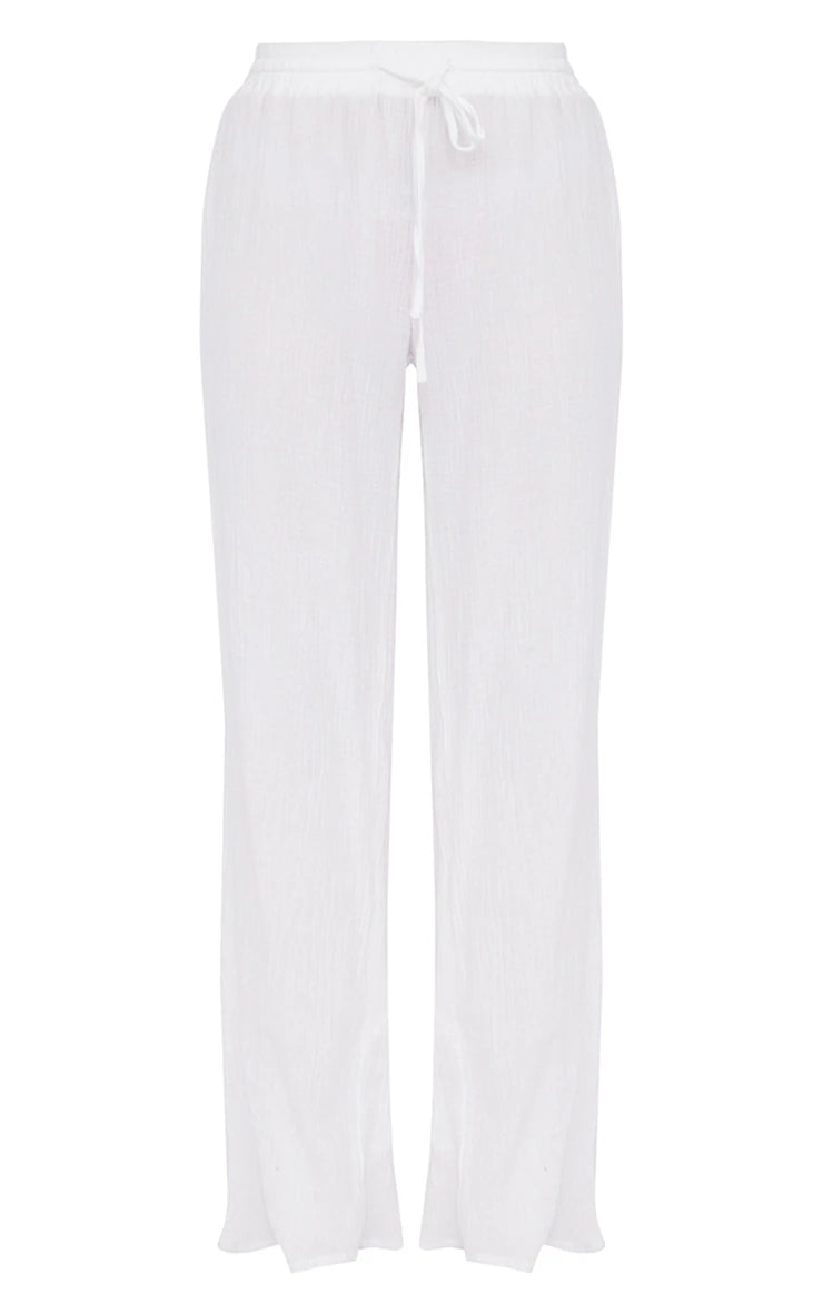White Textured Cheesecloth Wide Leg Trousers