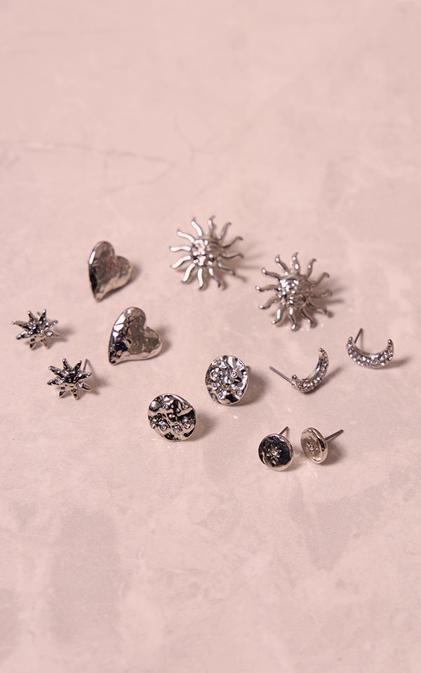 Silver Sun, Moon & Heart Diamante Earrings Multipack