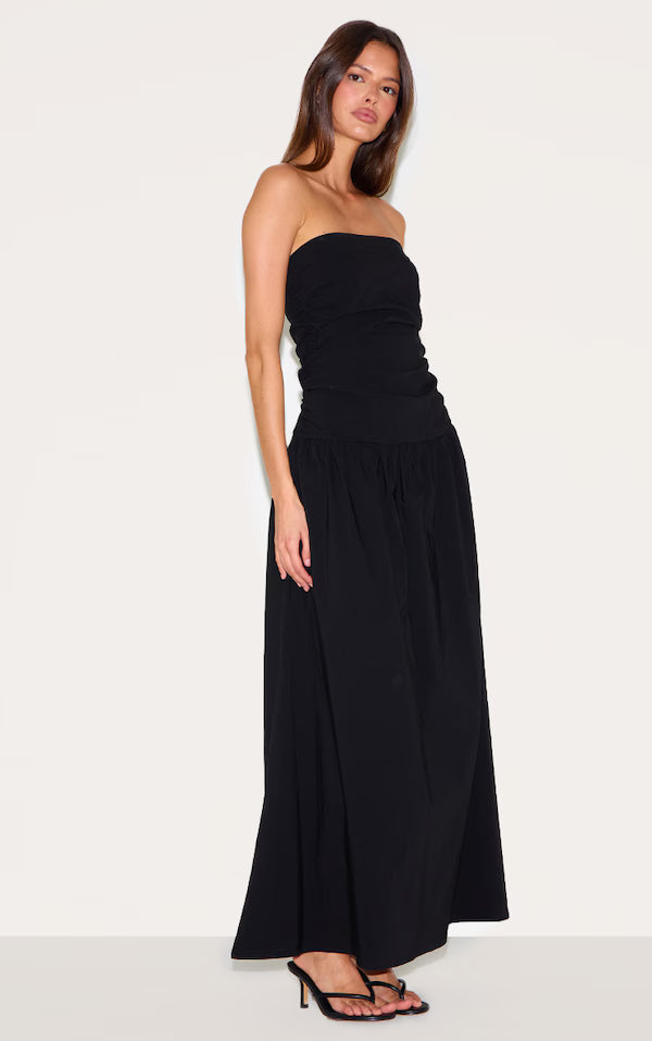 Black Stretch Woven Bandeau Ruched Maxi Dress
