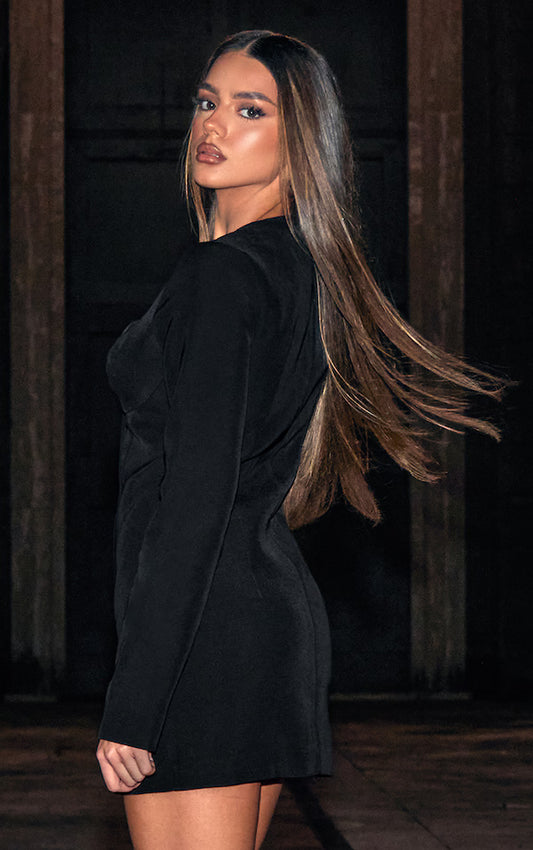 Black Premium Woven Cup Detail Long Sleeve Mini Dress