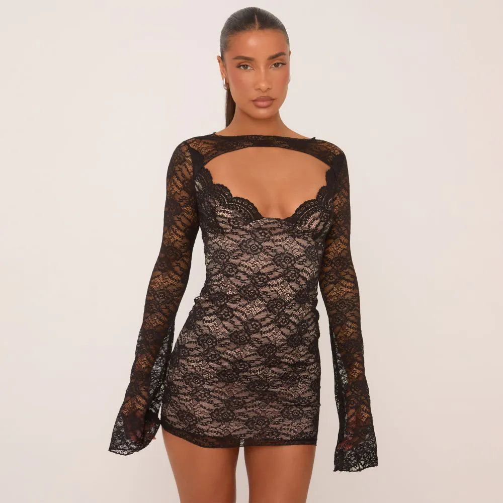 Flare Sleeve Cut Out Front Mini Bodycon Dress In Black Lace