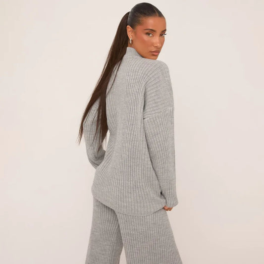 Long Sleeve High Neck Swirl Graphic Jumper In Grey Marl Rib Knit