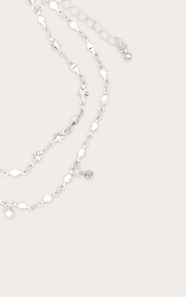Silver Double Layer Stars And Diamante Chain Anklet