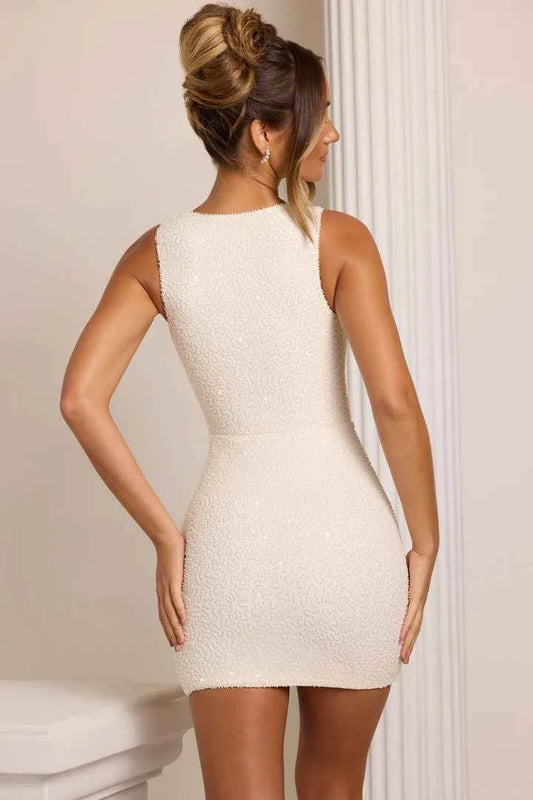Ohpolly - Embellished Square Neck Mini Dress in White