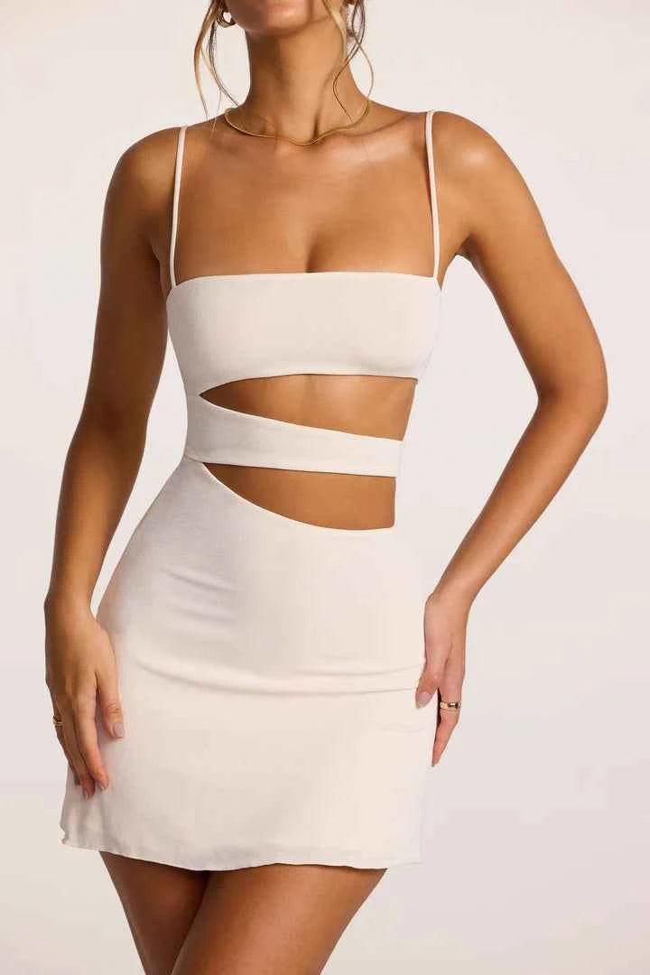 Ohpolly - Textured Jersey Cut-Out A-Line Mini Dress in Ivory