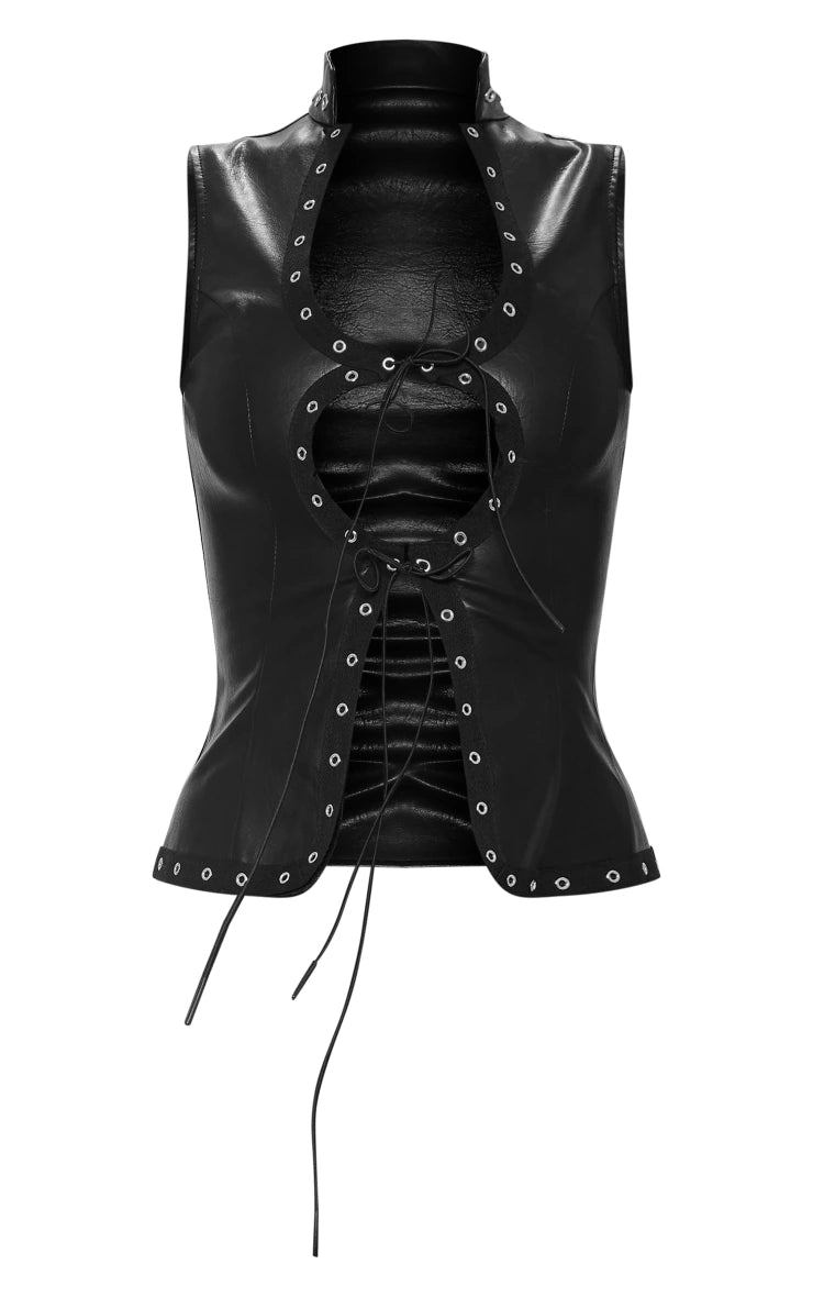 Black Faux Leather Lace Up Cut Out Plunge Sleeveless Long Top