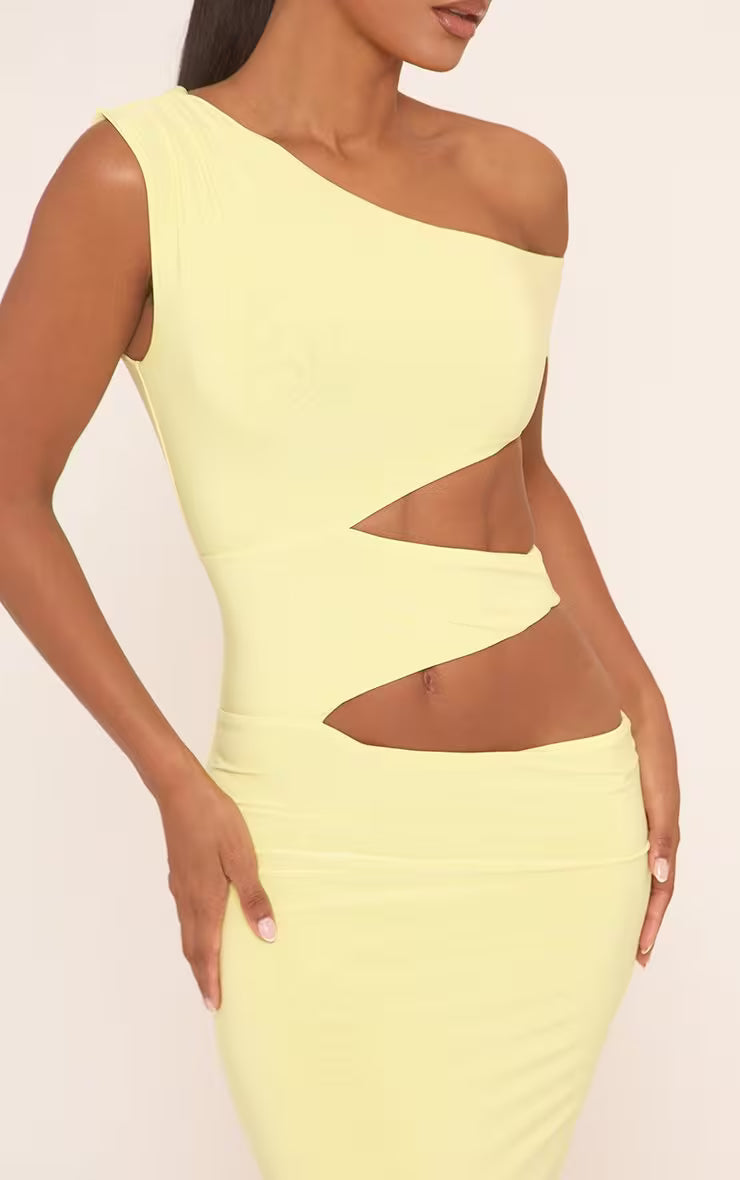 Ego - Asymmetric One Shoulder Cut Out Maxi Dress In Yellow Slinky