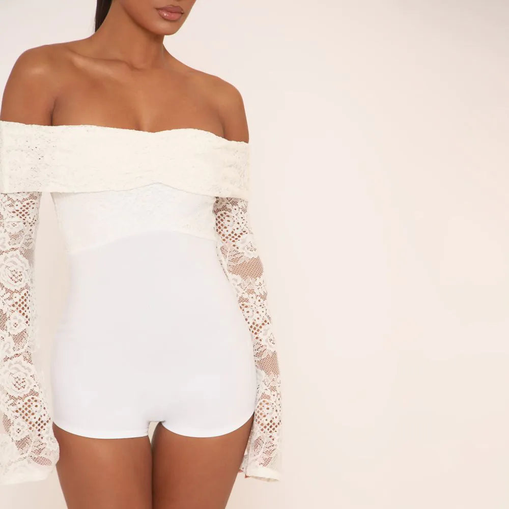 Long Flared Sleeve Bardot Micro Playsuit In White Lace