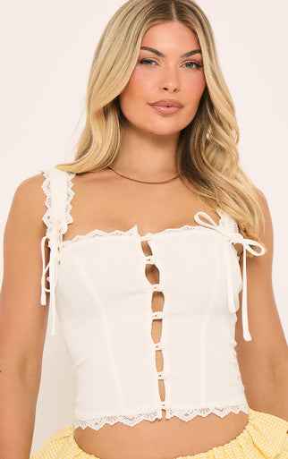 Ego - Square Neck Lace Trim Bow Detail Corset Top In White