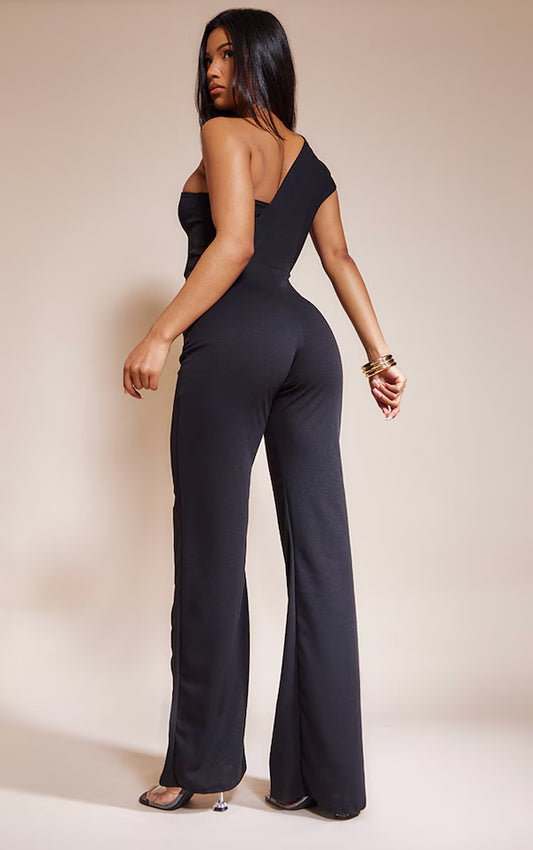 Black One Shoulder Drape Detailed Jumpsuit