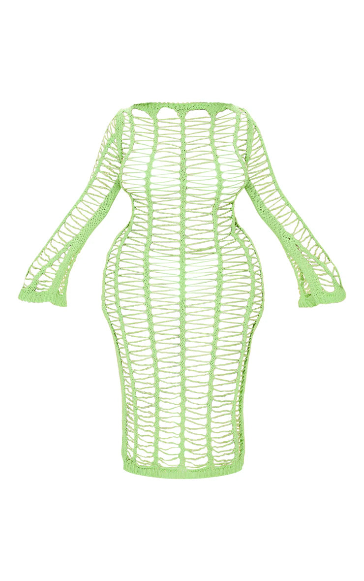 Plus Lime Distressed Knitted Maxi Beach Dress