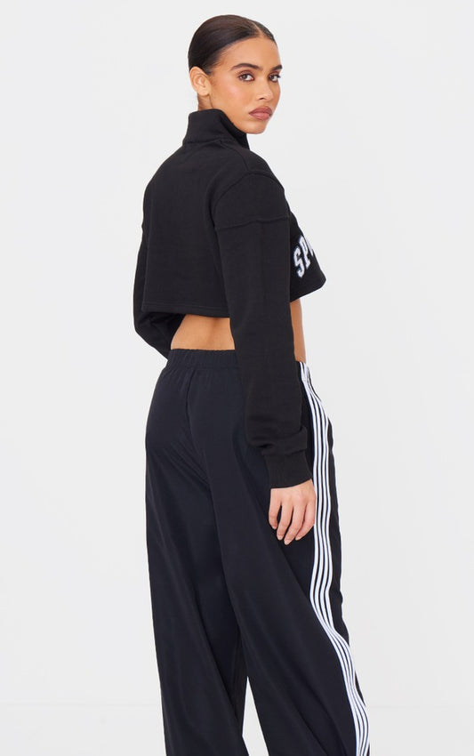 Black Embroided Crop Half Zip Sweatshirt