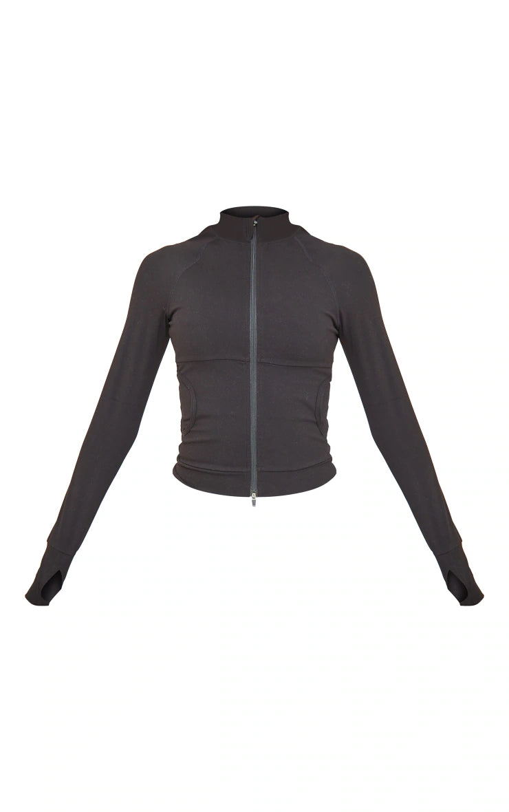 Black Sculpt Pocket Front Double Zip Up Jacket