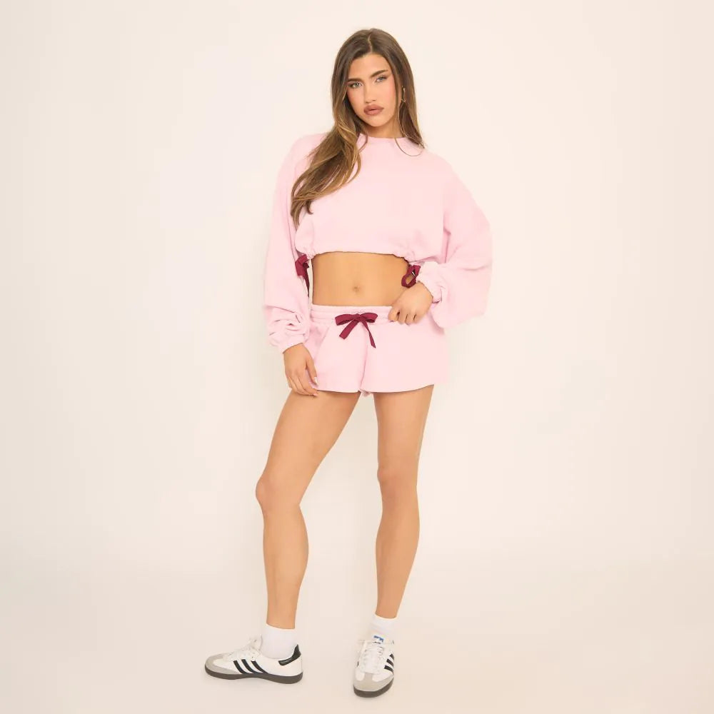 Long Sleeve Ruched Tied Hem Cropped Sweatshirt In Pink