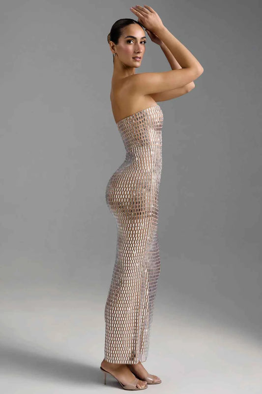 OhPolly - Embellished Bandeau Maxi Dress in Almond