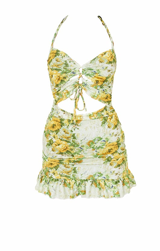 Yellow Floral Print Cut Out Frill Detail Halterneck Shift Dress