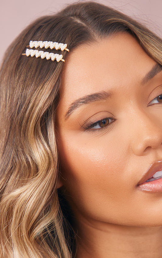 Gold Pearl Heart Row Hair Slides