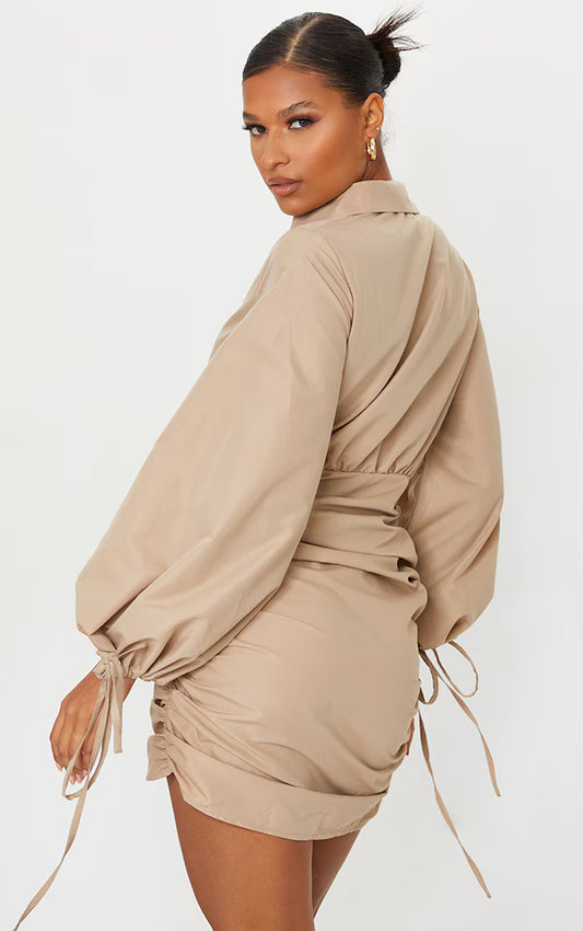 Stone Plunge Ruched Tie Cuff Shirt Bodycon Dress