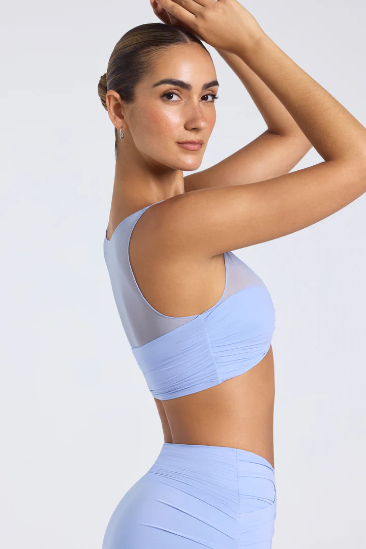 OhPolly - Sheer Panelled Ruched Crop Top in Periwinkle Blue