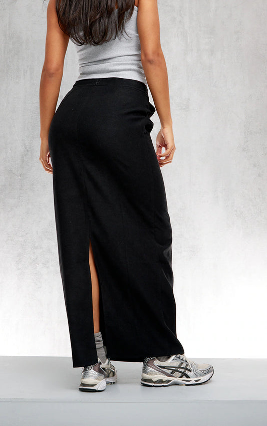 Black Soft Twill Blend Straight Maxi Skirt