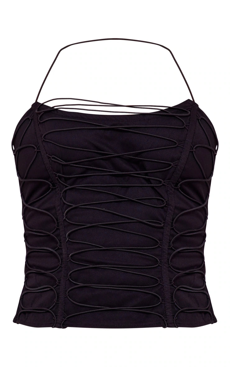 Black Woven Elastic Lace Up Corset