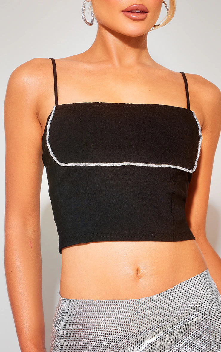 Black Diamante Bust Trim Detail Stretch Woven Top
