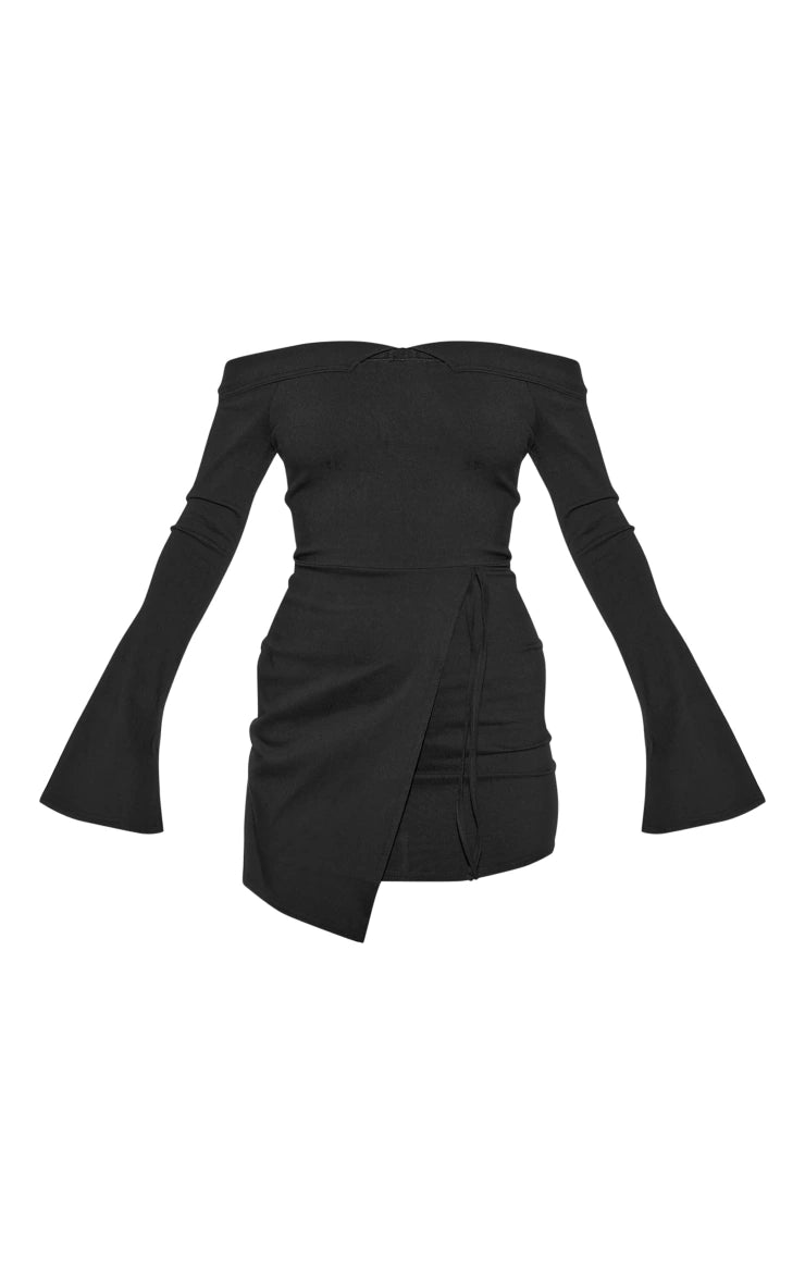Black Stretch Woven Fold Bardot Wrap Bodycon Dress