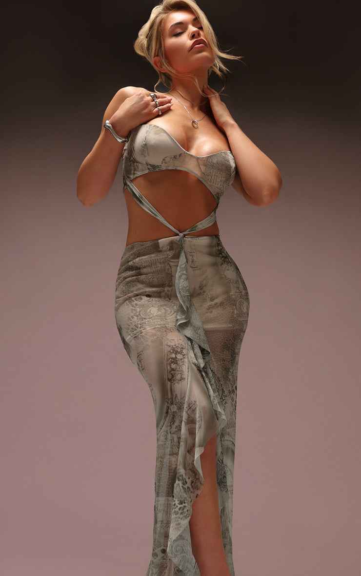 Ego ruffle front cut out strappy maxi dress in grey marl