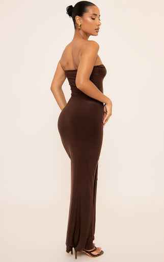 Bandeau Trim Detail Draped Front Maxi Dress In Brown