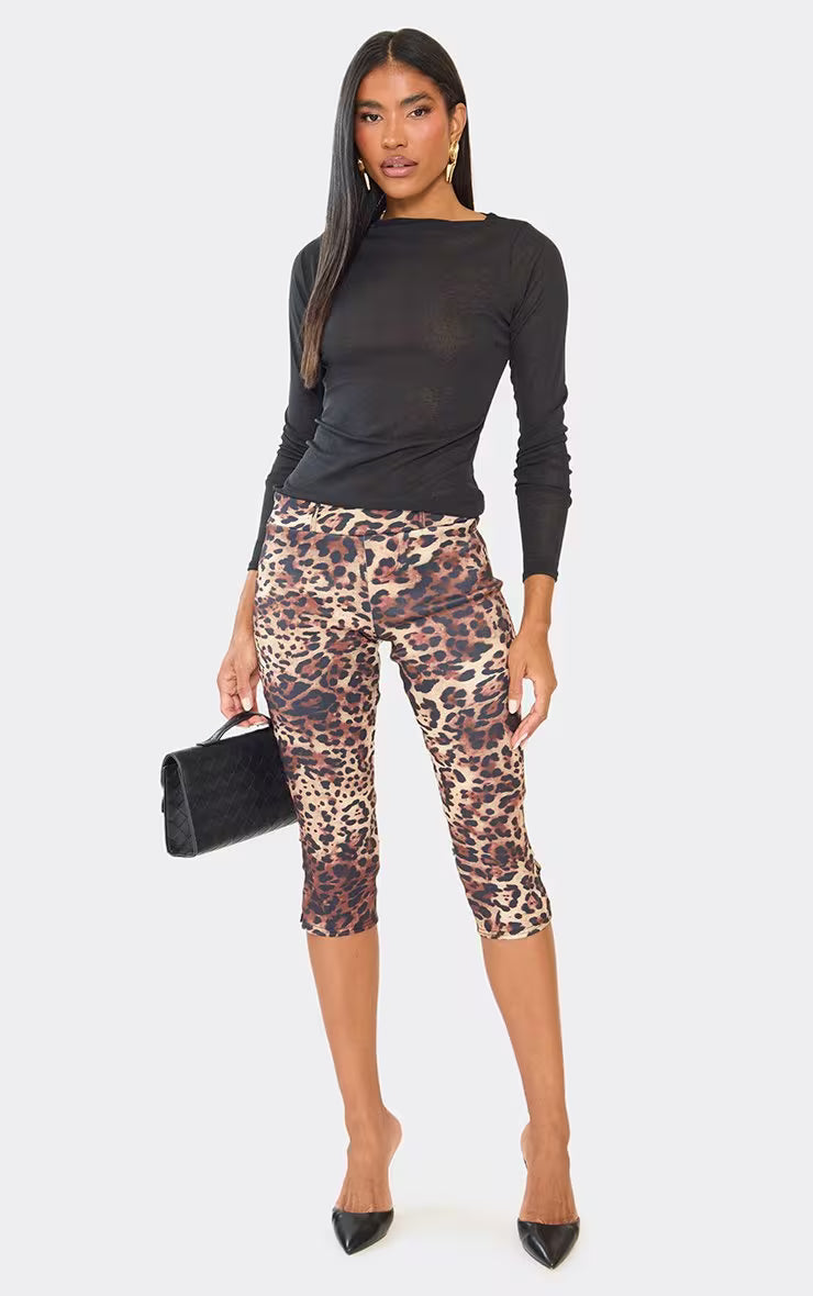 Low Rise Capri Trousers In Brown Leopard Print