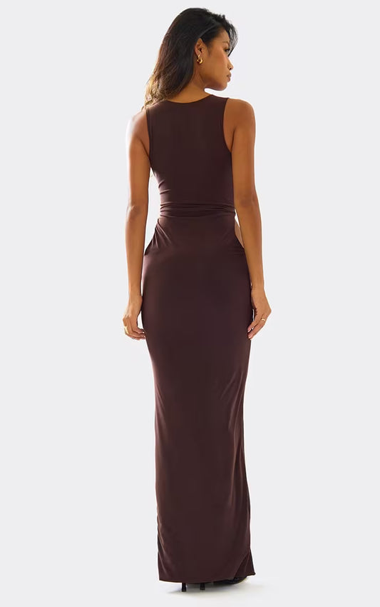 Ego - Sleeveless Cut Out Side Twist Front Maxi Dress In Chocolate Brown Slinky