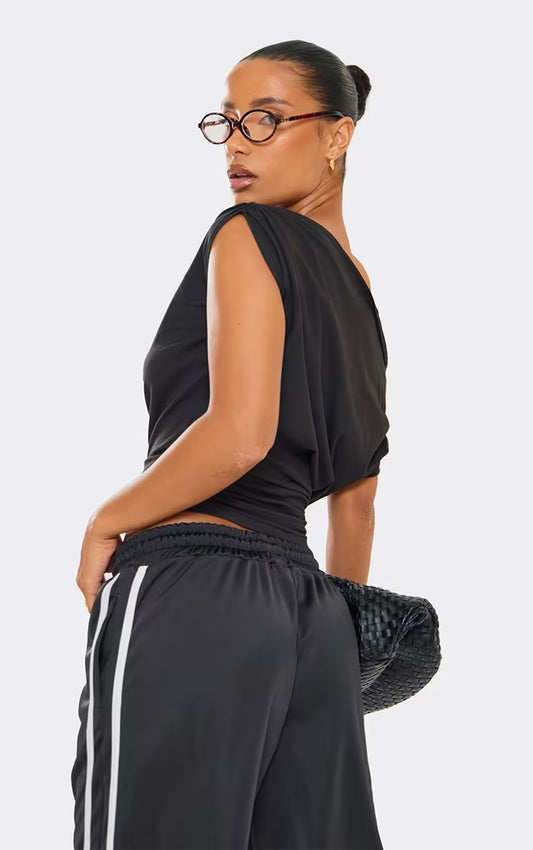 Ego - Slash Neck Off The Shoulder Cinched Waist Ruched T-Shirt In Black