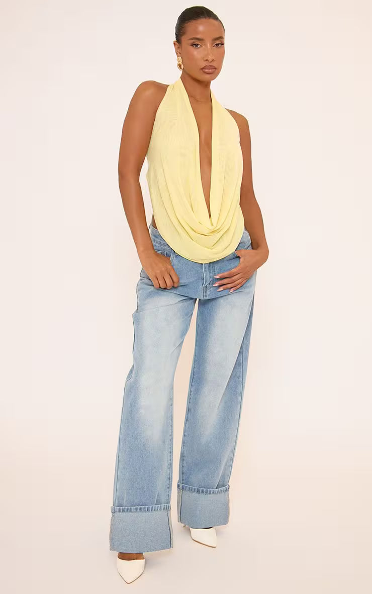Ego - Extreme cowl halterneck top yellow mesh