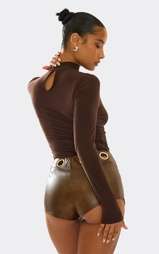 Ego - Eyelet Detail Hotpant Shorts In Brown Faux Leather