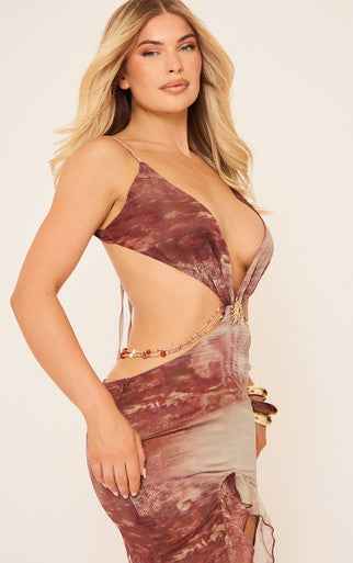 Ego - Plunge Neck Beaded Strap Detail Split Front Midaxi Dress In Brown Multi Print Mesh