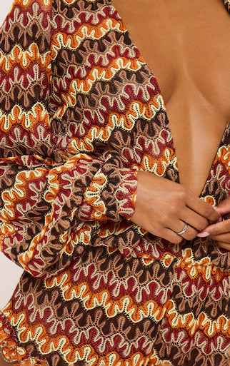 Ego - Long Sleeve Plunge Neck Frilled Hem Playsuit In Multi Print Crochet
