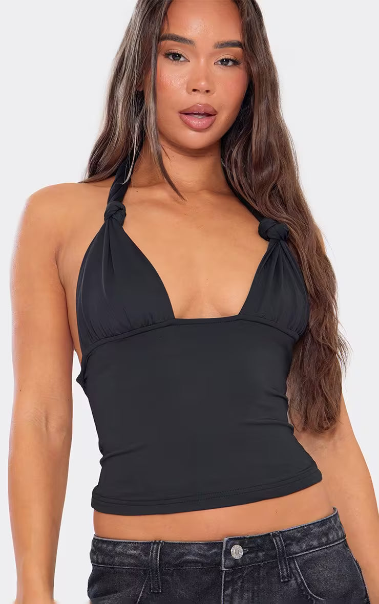 Ego - Halterneck Knot Detail Top In Black Slinky