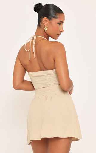 Ego - Halterneck Ring Detail Cut Out Mini Dress In Stone Linen