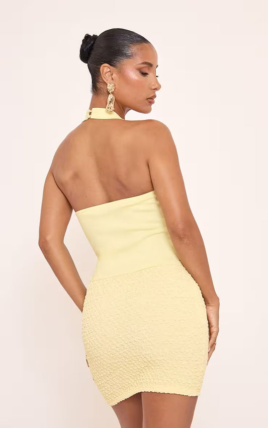 Ego - Halterneck Textured Skirt Detail Mini Bodycon Dress In Yellow