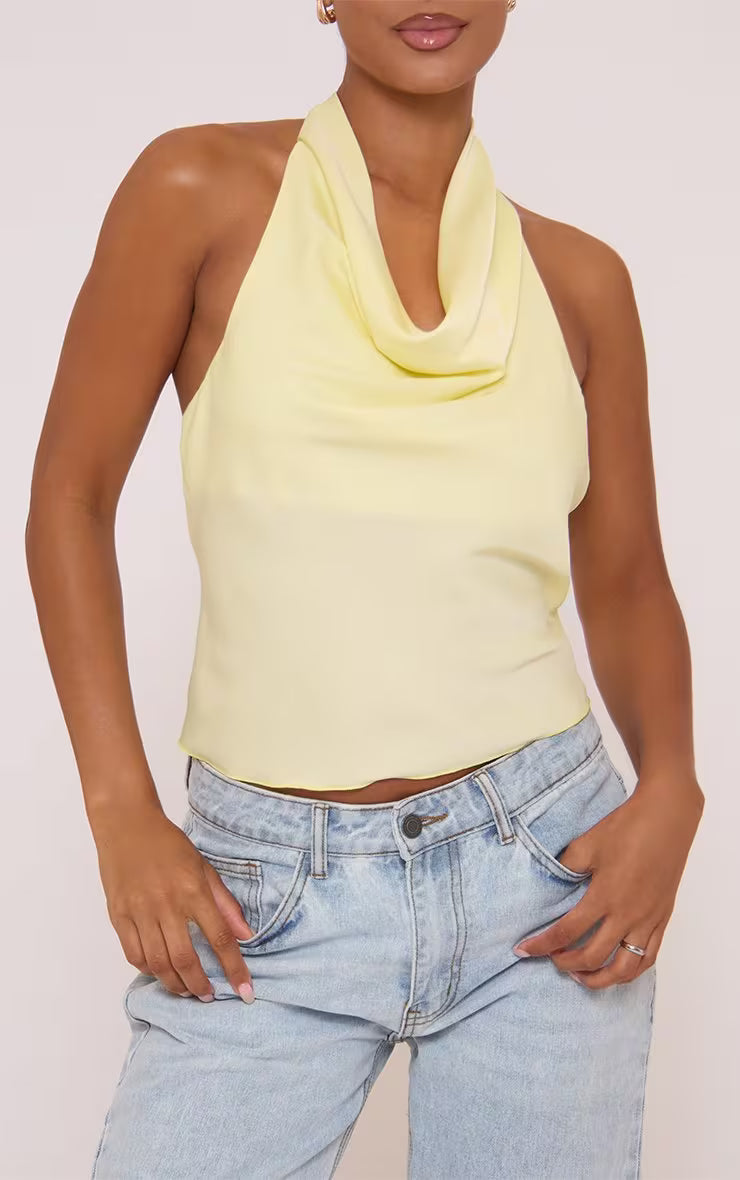 Sleeveless Cowl Neck Open Back Detail Top In Yellow