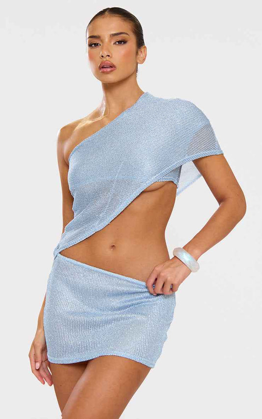 EGO - Off The Shoulder Cut Out Side Detail Mini Dress In Blue Glitter