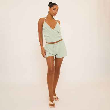 Ego - Mid Rise Tie Waist Detail Mini Shorts In Green Linen