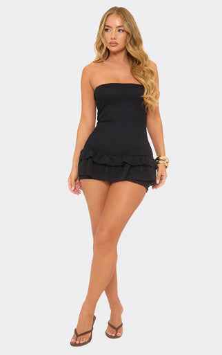 Ego - Bandeau Frill Trim Detail Playsuit In Black Texture