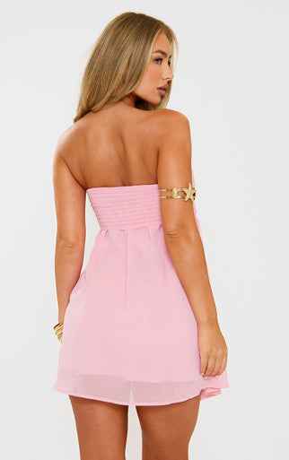 Ego - Bandeau Draped Frill Front Pearl Trim Mini Dress In Pink