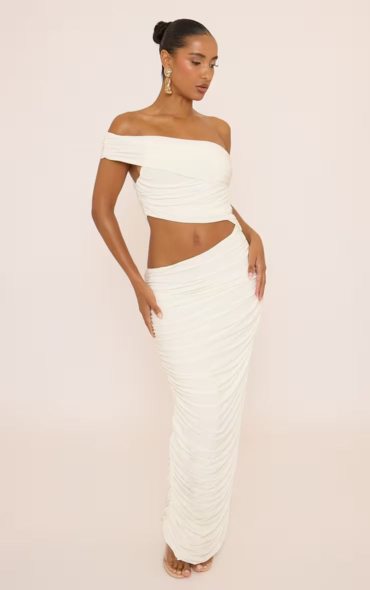 Bardot Asymmetric Ruched Cut Out Maxi Dress In White
