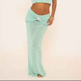 Ego - Mid Rise Starfish Trim Detail Ruched Maxi Skirt In Blue Textured Knit