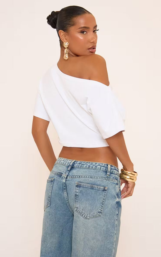 Ego - Short Sleeve Slash Neck Ruched Top In White