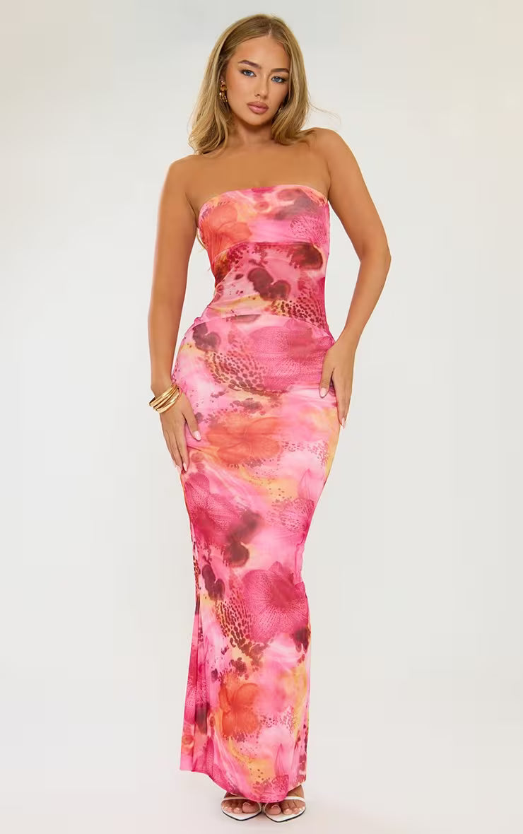 Bandeau Mesh Insert Maxi Dress In Pink Floral Print