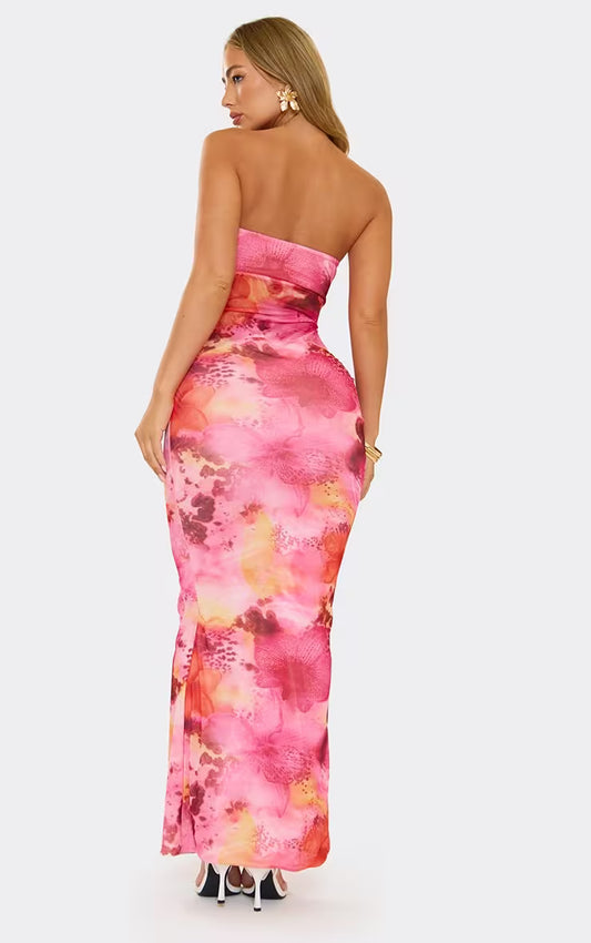 Bandeau Mesh Insert Maxi Dress In Pink Floral Print